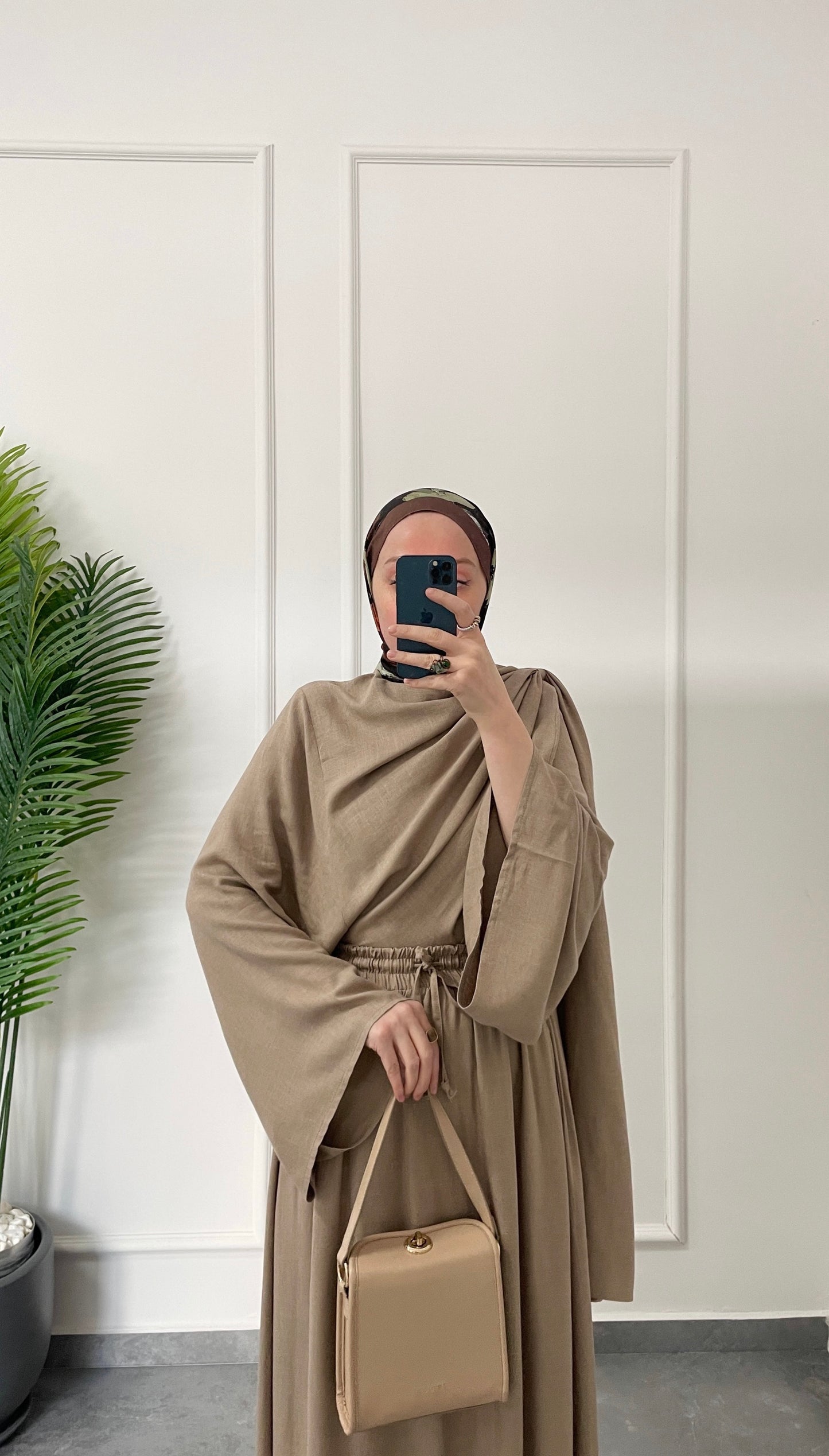 Pelerin Tasarım Ham Keten Etekli Takım-Vizon