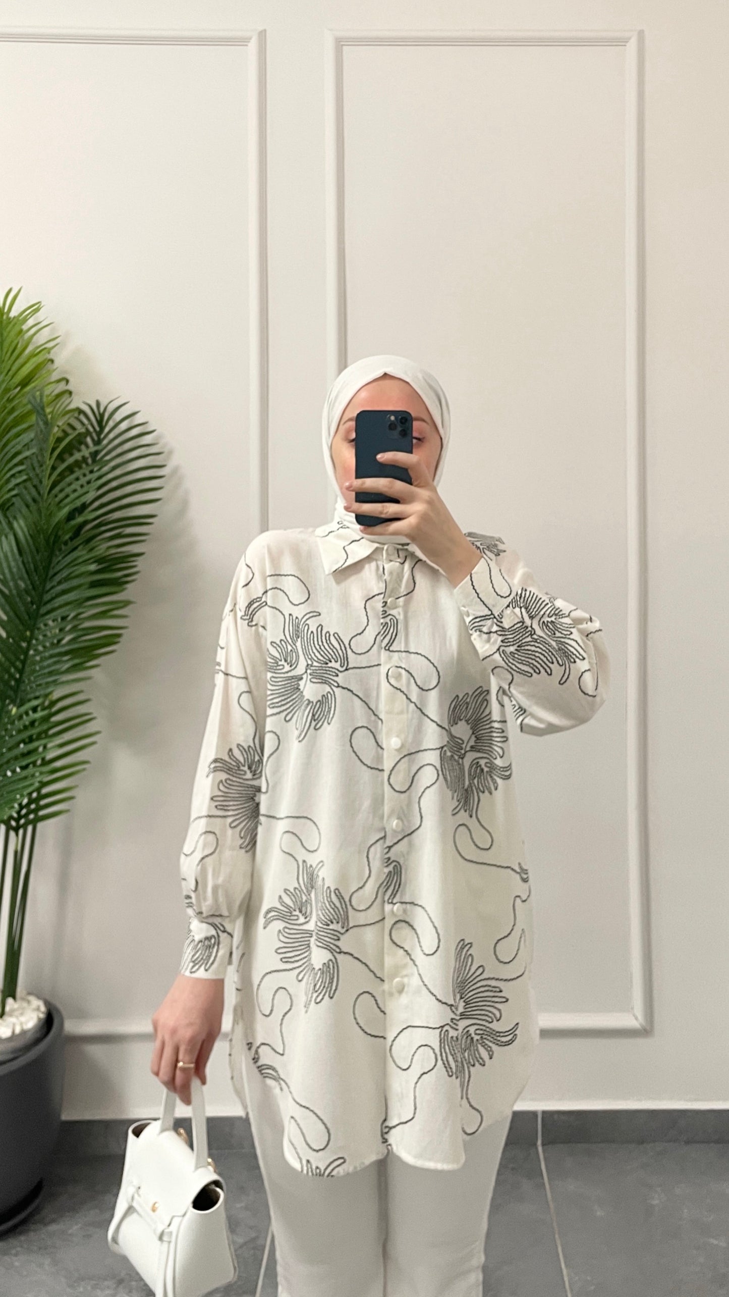 Keten Çiçek Desenli Gömlek Beyaz