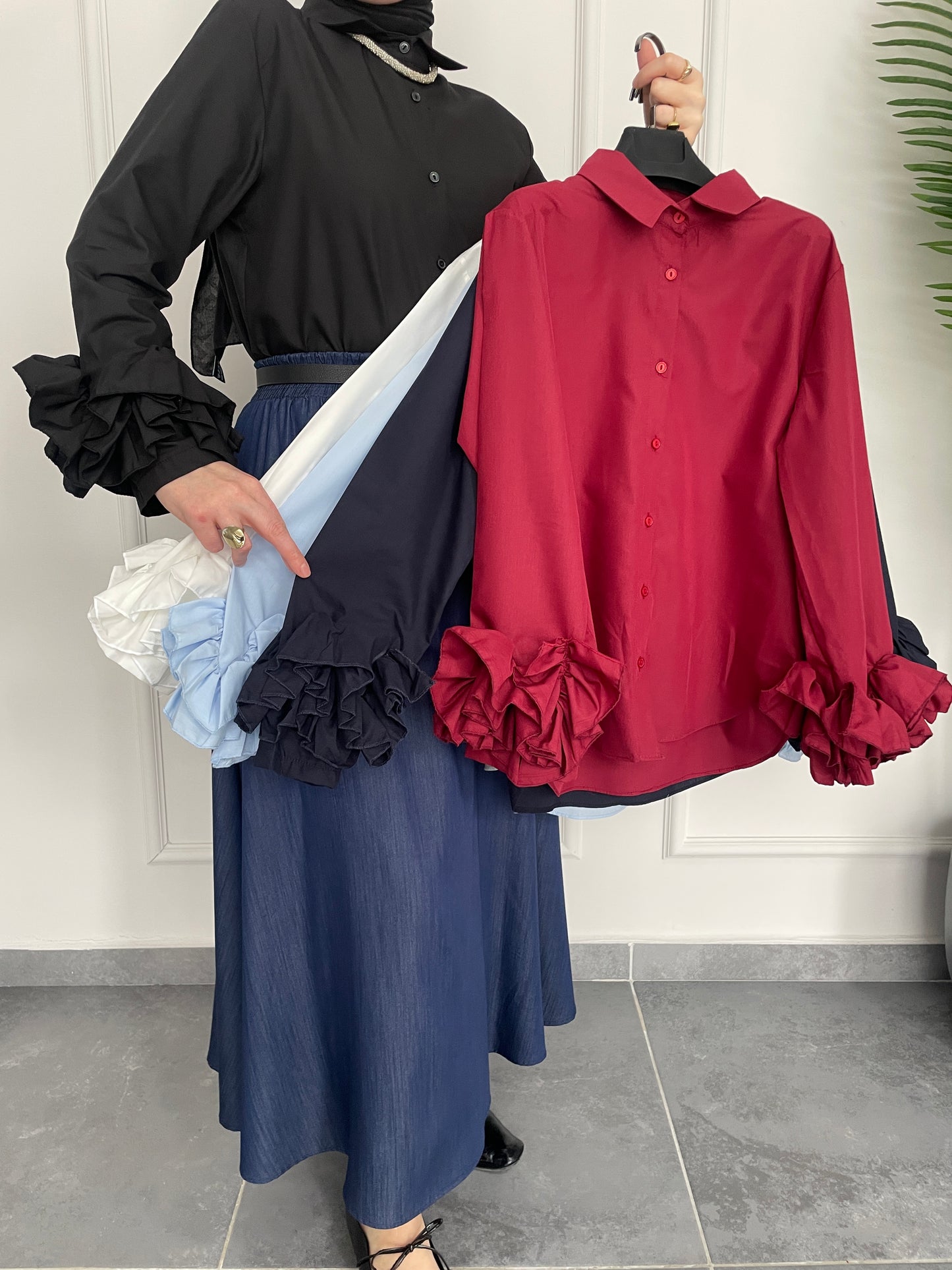 Çilek Kol Tasarım Gömlek-Siyah