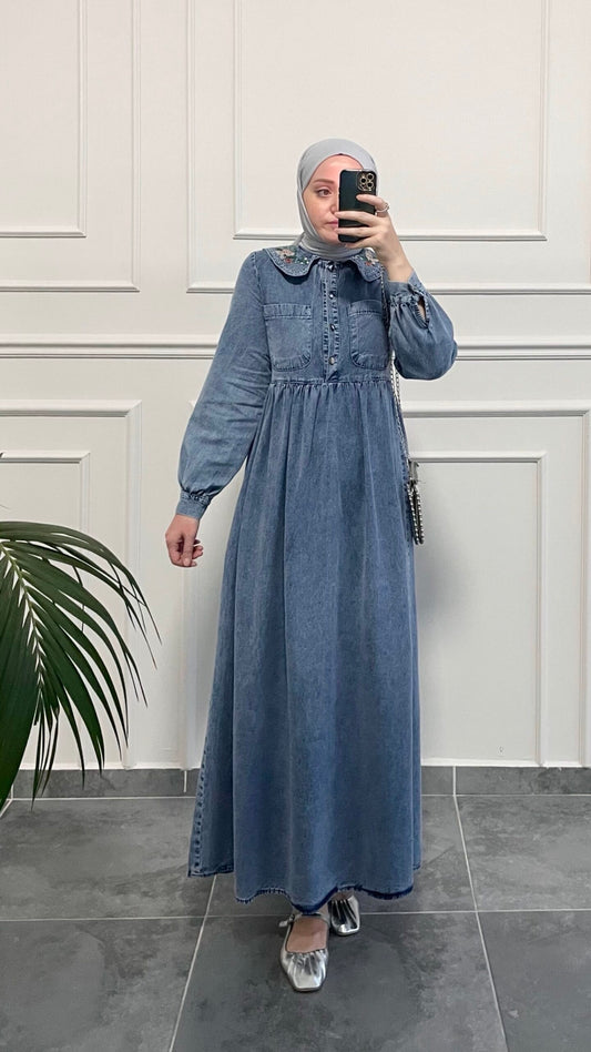 Bebe Yaka Nakışlı Denim Elbise