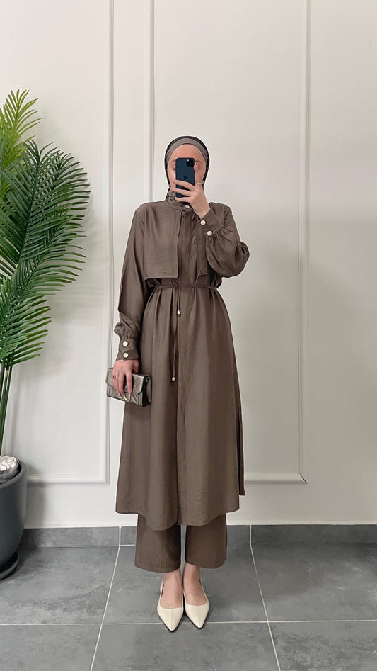 Çilek Kumaş Tunikli Takım-Boz Kahve