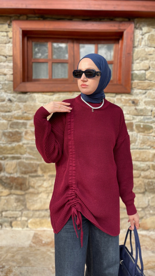 Büzgü Detaylı Triko Kazak Bordo