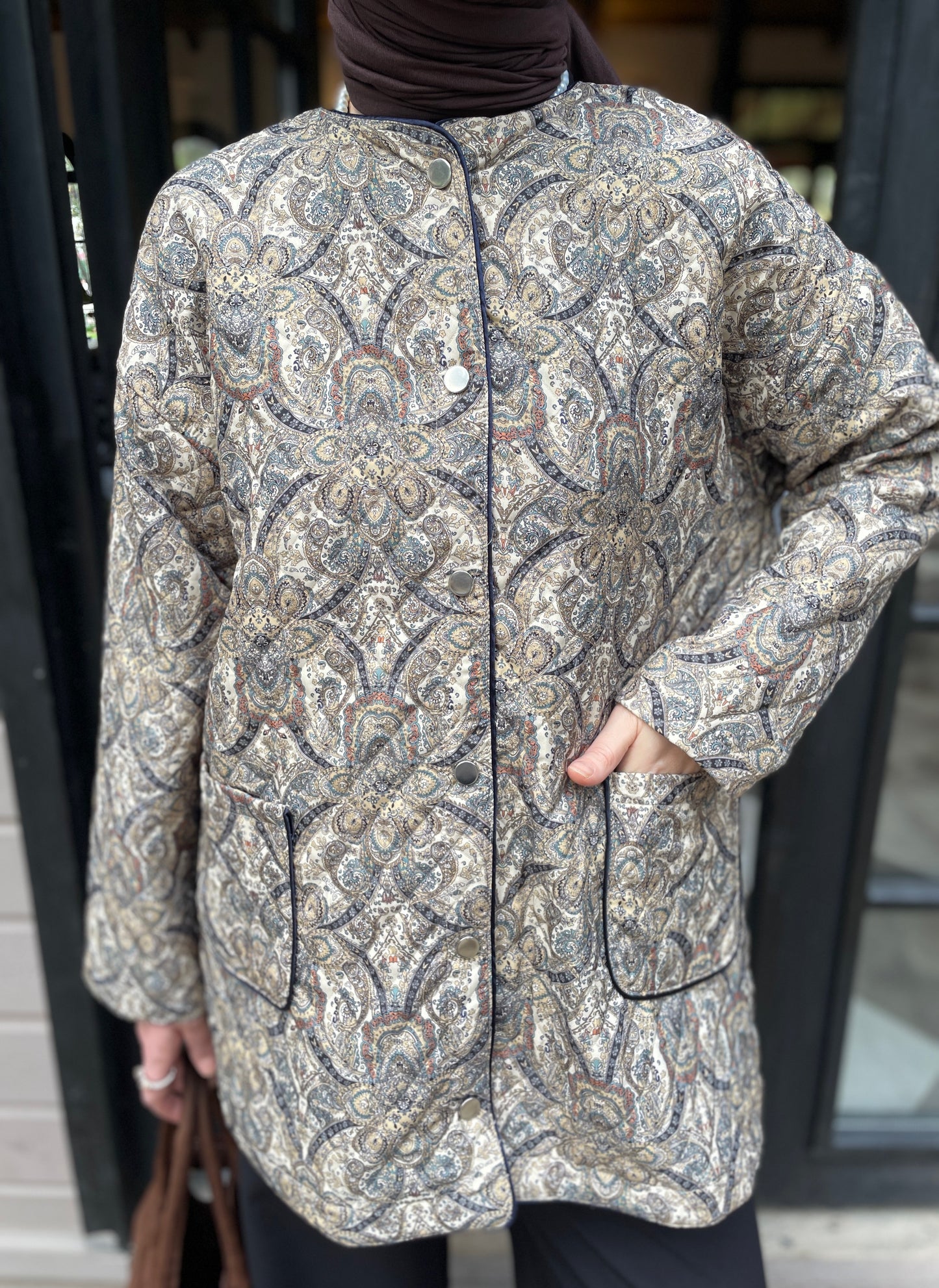 Etnik Desen Vintage Kapitone Ceket Yeşil