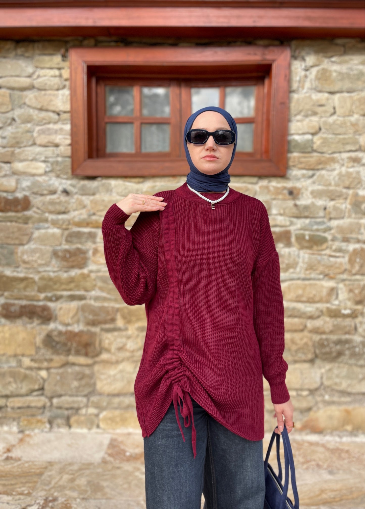 Büzgü Detaylı Triko Kazak Bordo