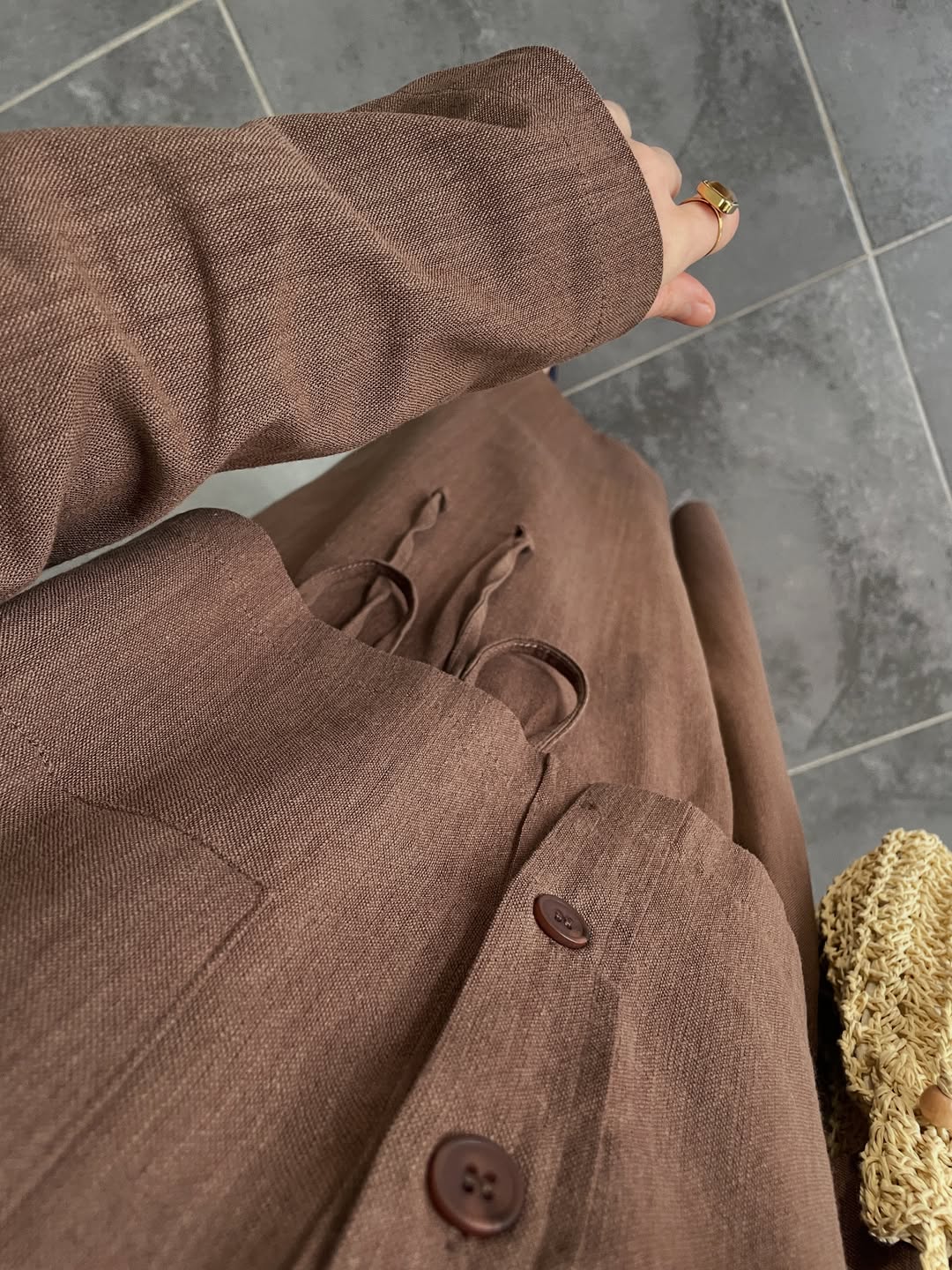 Ham Keten Düğmeli Etekli Takım Kahve