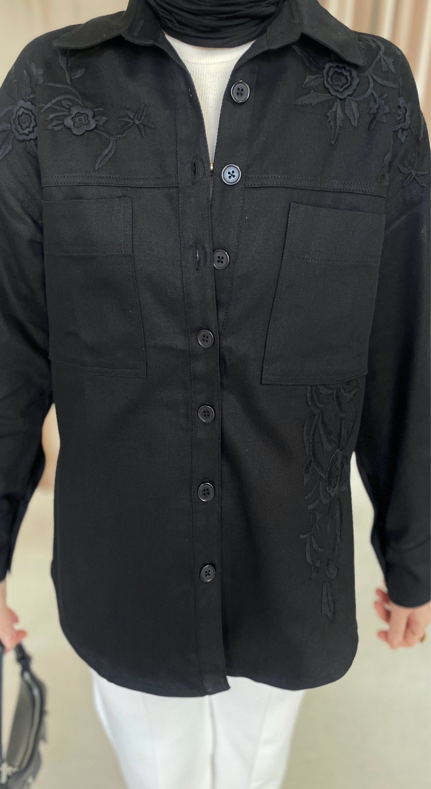Nakışlı Denim Ceket Siyah