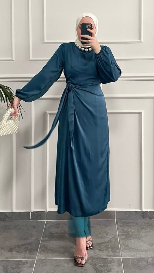 Şura bel bağlamalı saten elbise Petrol Mavi