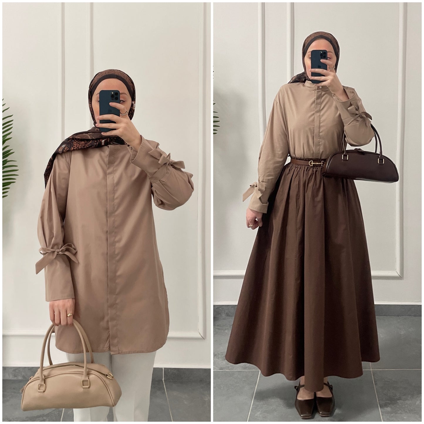 Kollar Bağcıklı Poplin Gömlek-Vizon