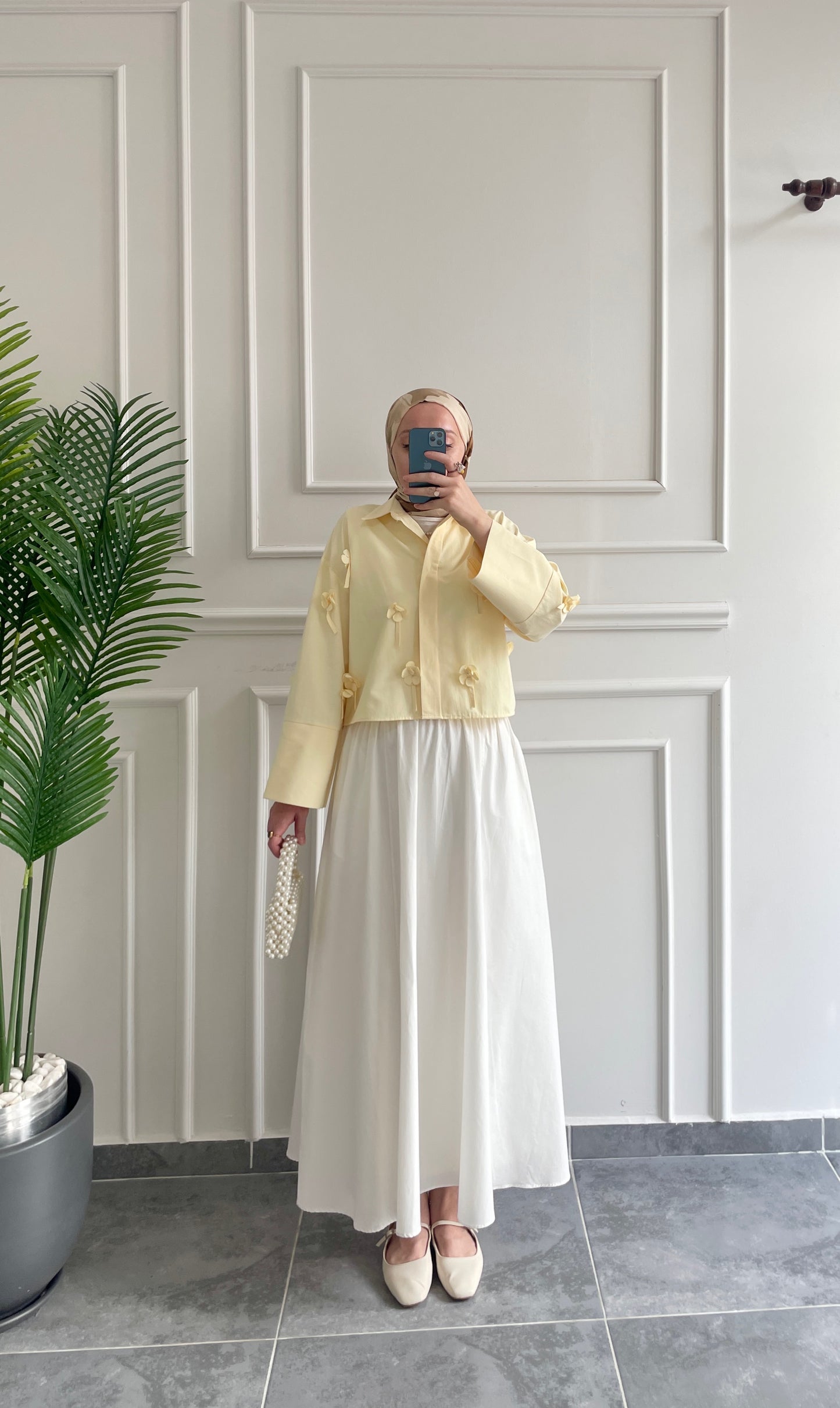 Papatyalı Poplin Gömlek-Soft sarı