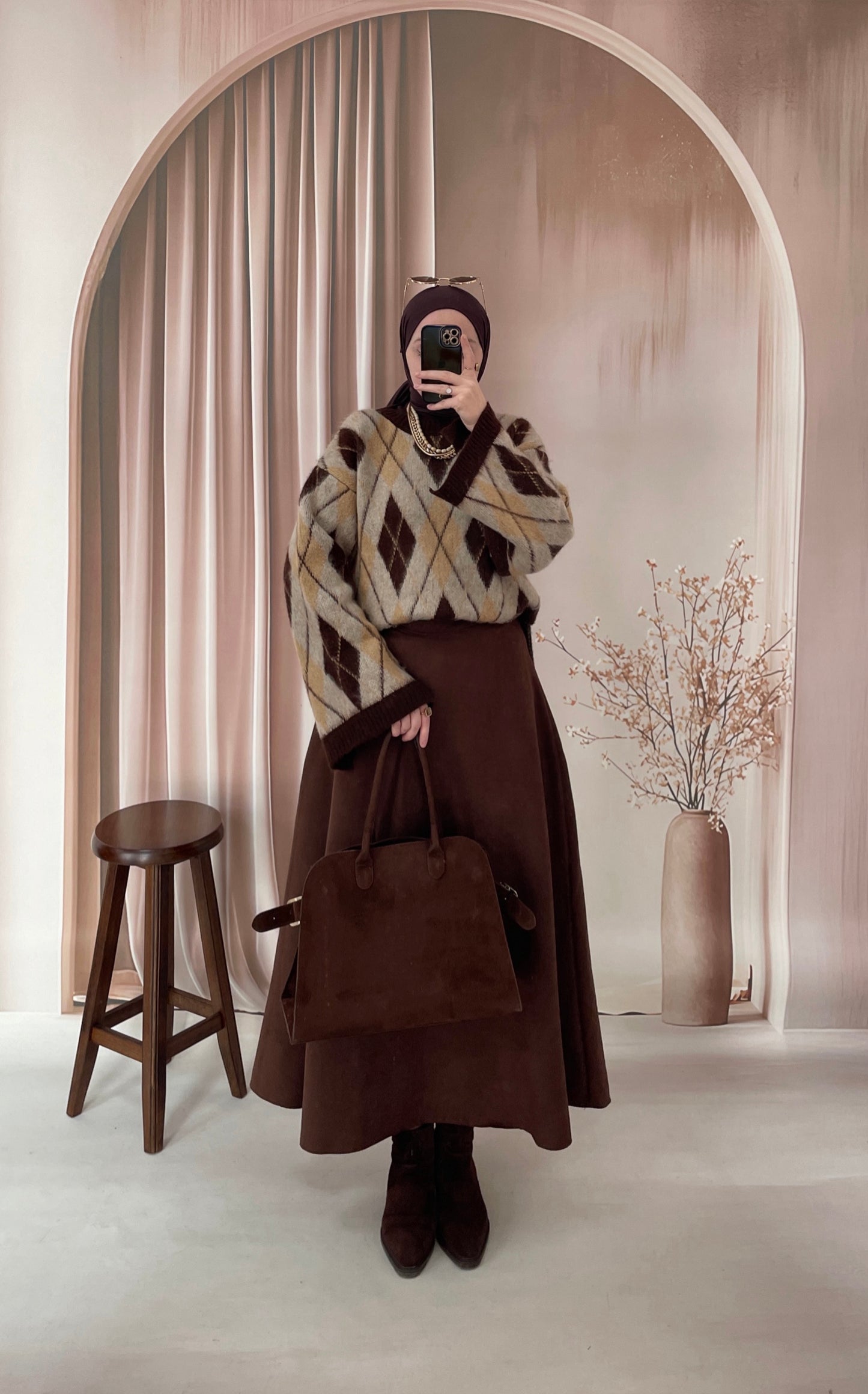 Geniş Kol Tasarım Baklava Desen Kazak Kahve