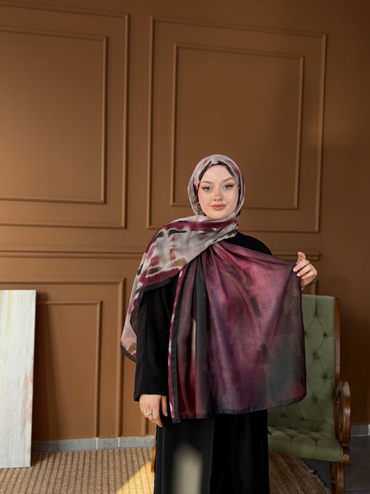 Sulu Boya Desen Çift Taraflı Pamuk Soft Şal Bordo