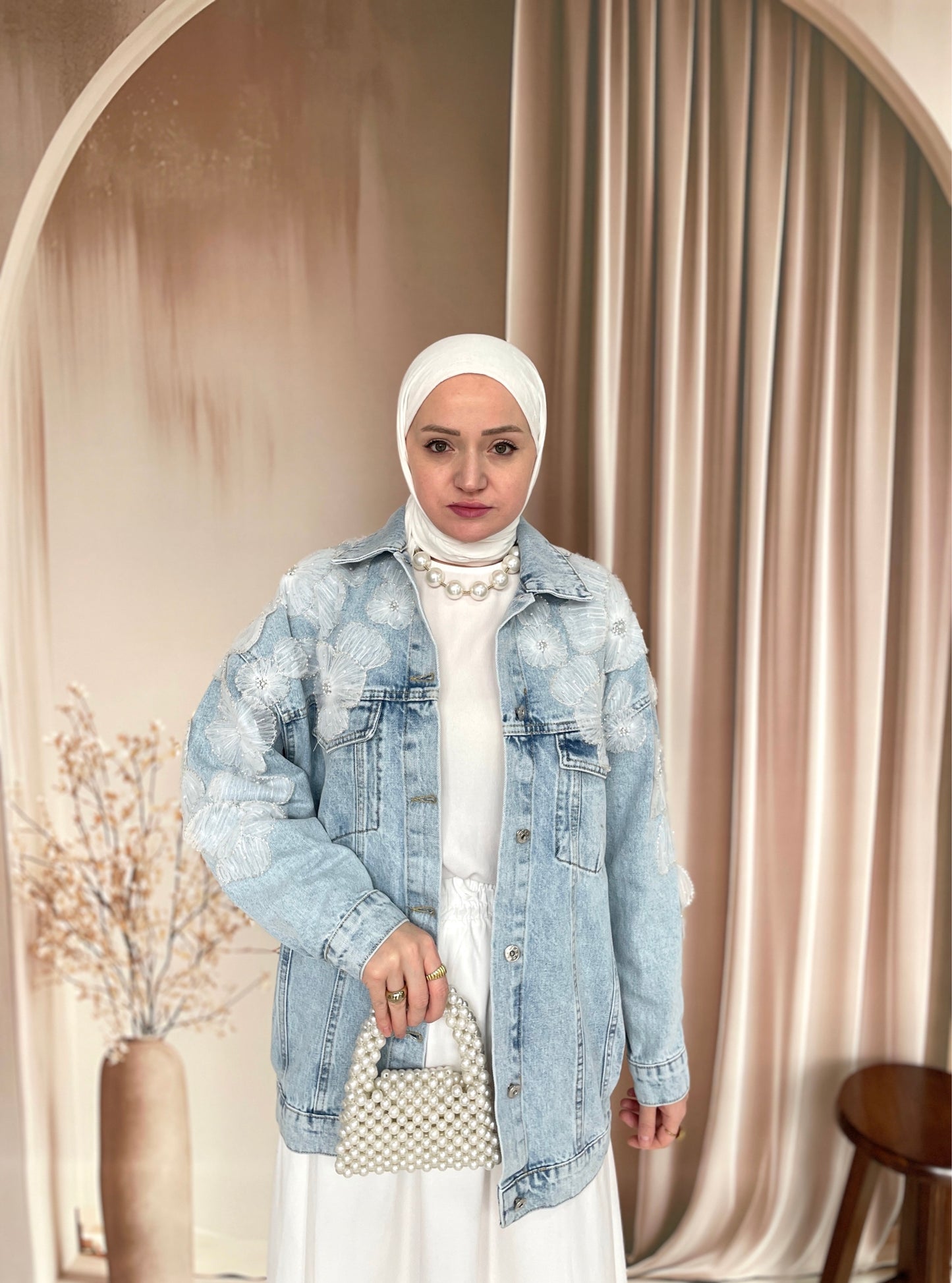 Çiçek İşlemeli Tasarım Denim Ceket Açık Mavi