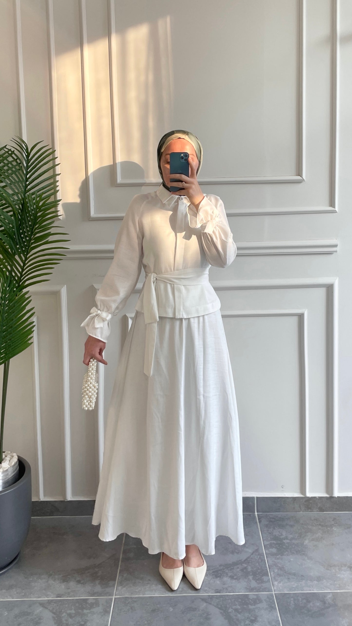 Dolunay Çift Yaka Tasarım Keten Etekli Takım-Beyaz