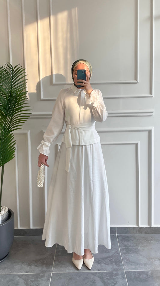 Dolunay Çift Yaka Tasarım Keten Etekli Takım-Beyaz