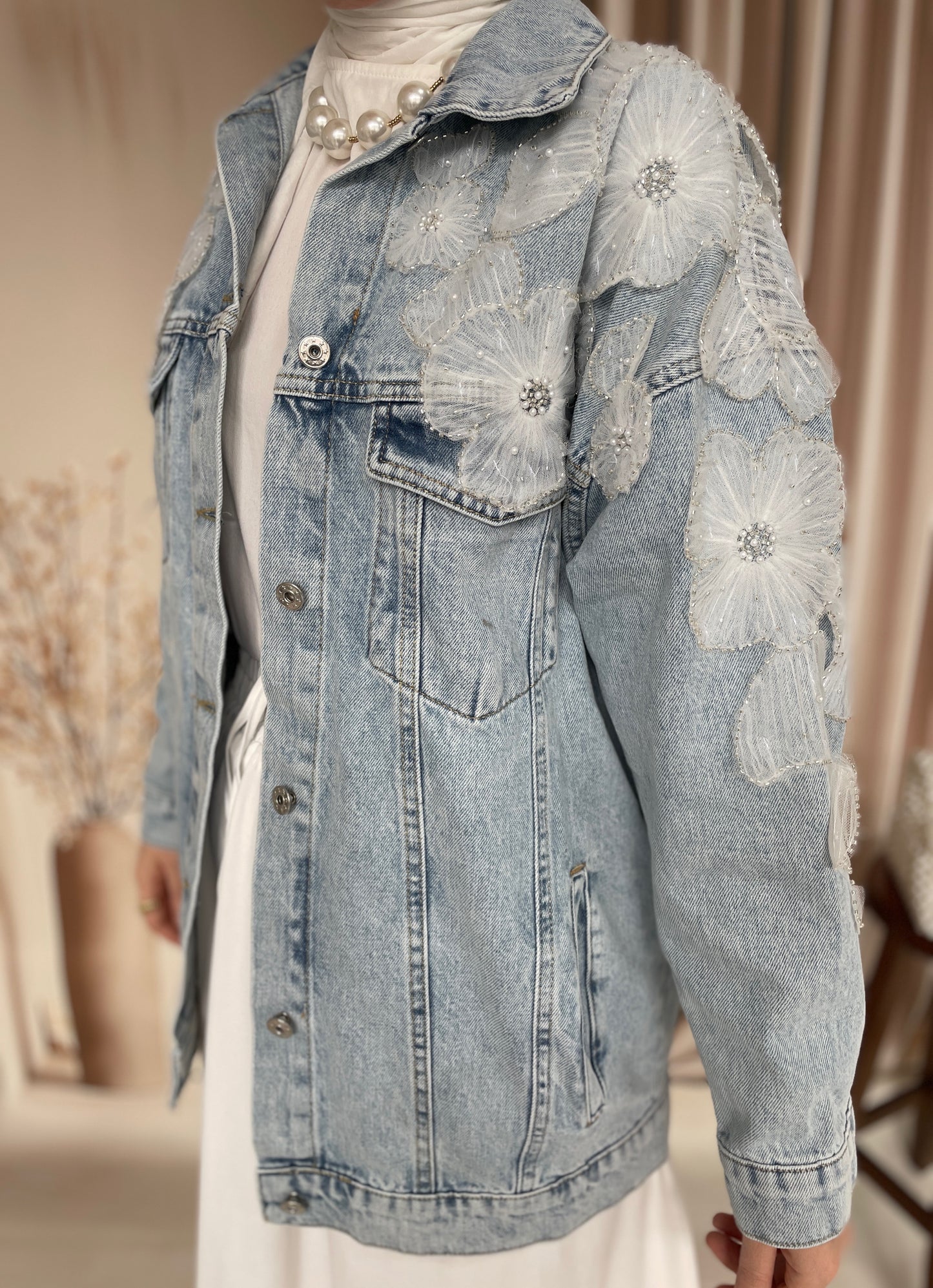 Çiçek İşlemeli Tasarım Denim Ceket Açık Mavi