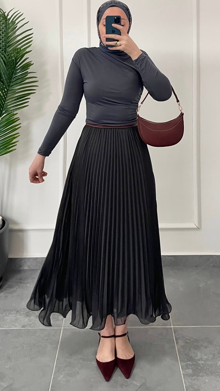 Şifon Piliseli Etek-Antrasit