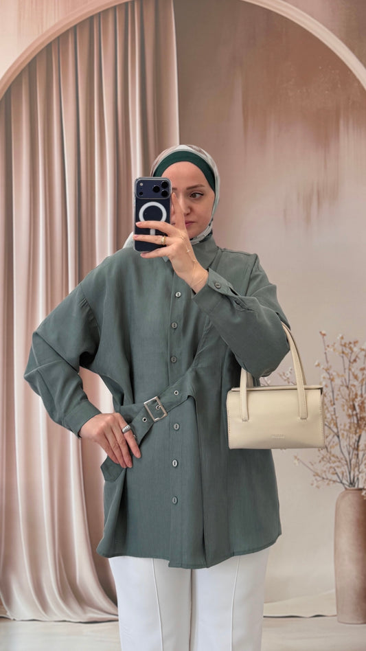 Kuş gözü kemerli premium gömlek Aqua