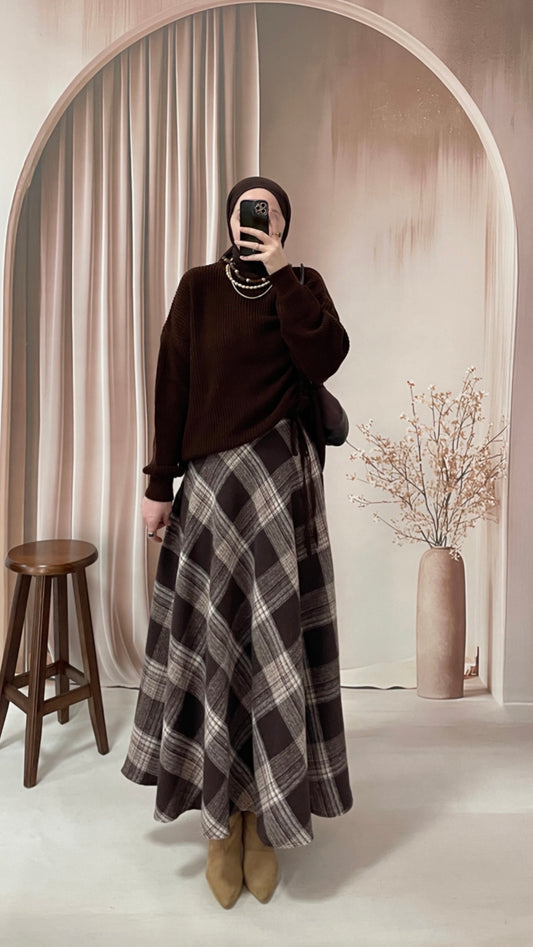 Ekose Kaşe Kloş Etek Acı Kahve