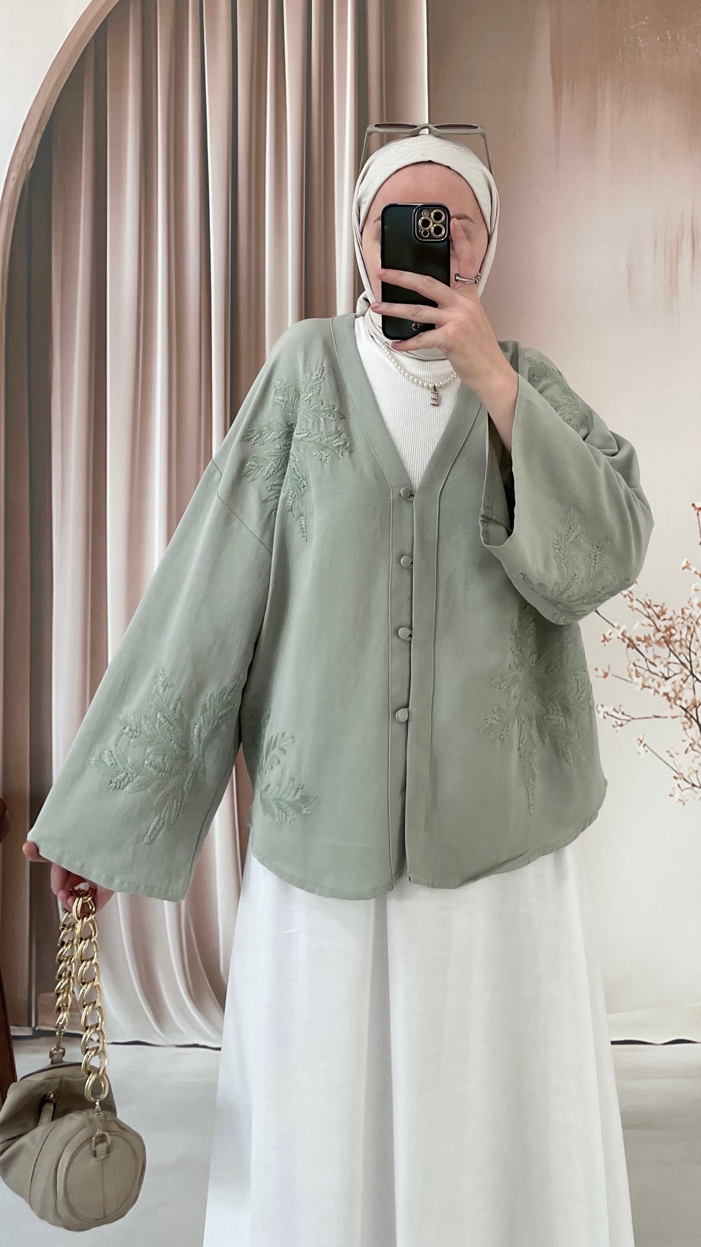 Nakışlı Ham Keten Kimono Çağla