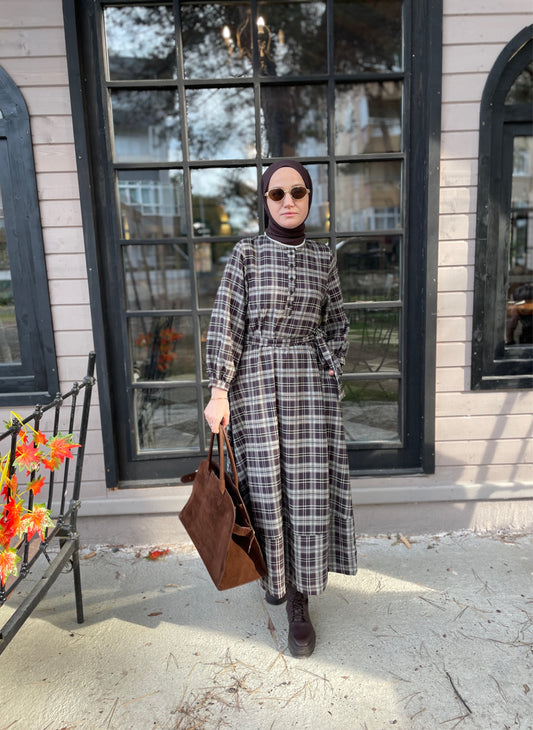 ZRA MODEL VİRAL EKOSE ELBİSE ACI KAHVE