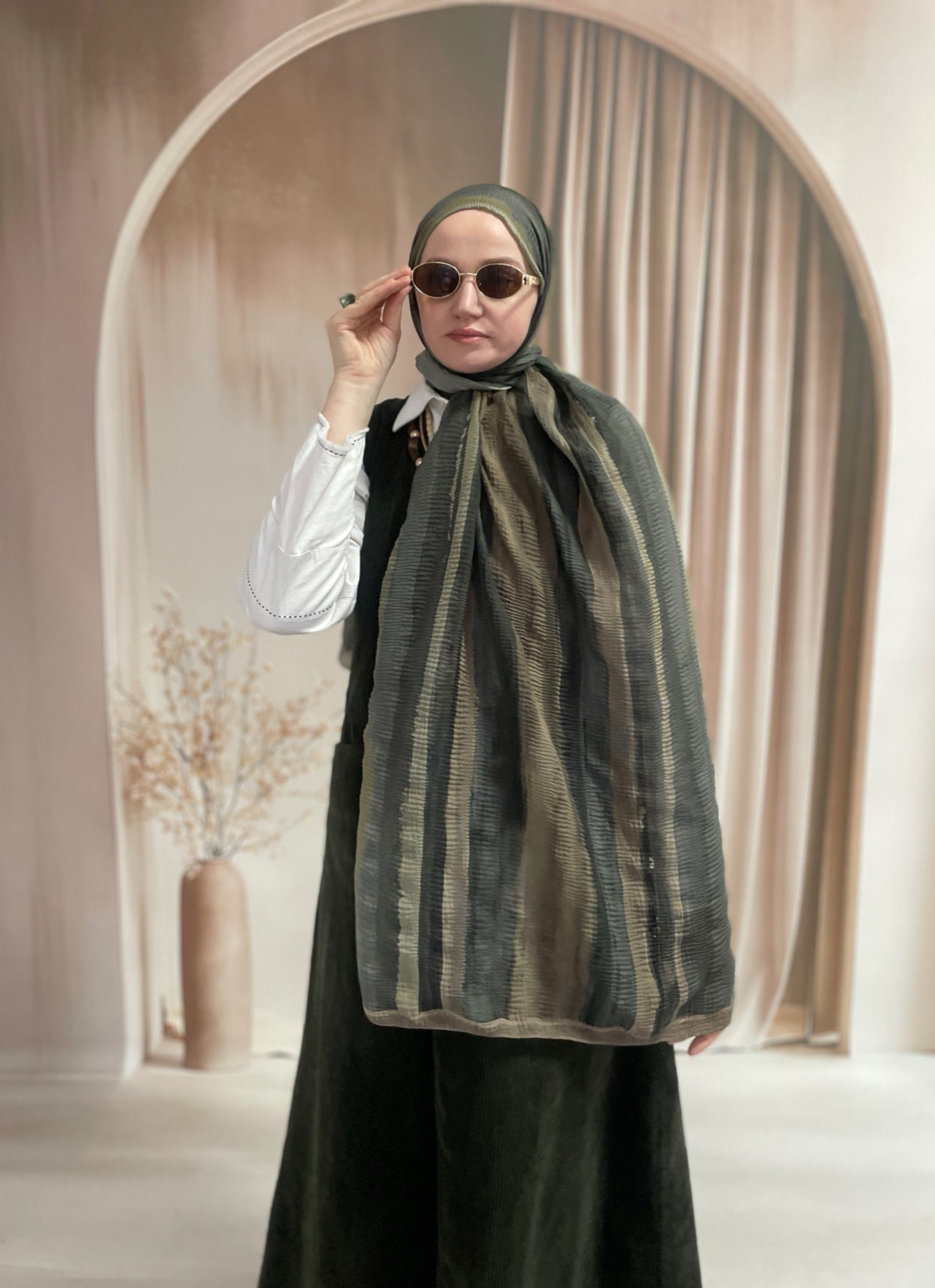 Tonsürton Çizgi Desen Müslin Şal Zeytin Yeşili