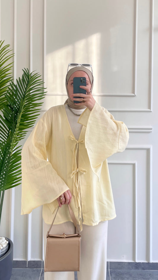 İspanyol Kol Ham Keten Kimono-Soft Sarı