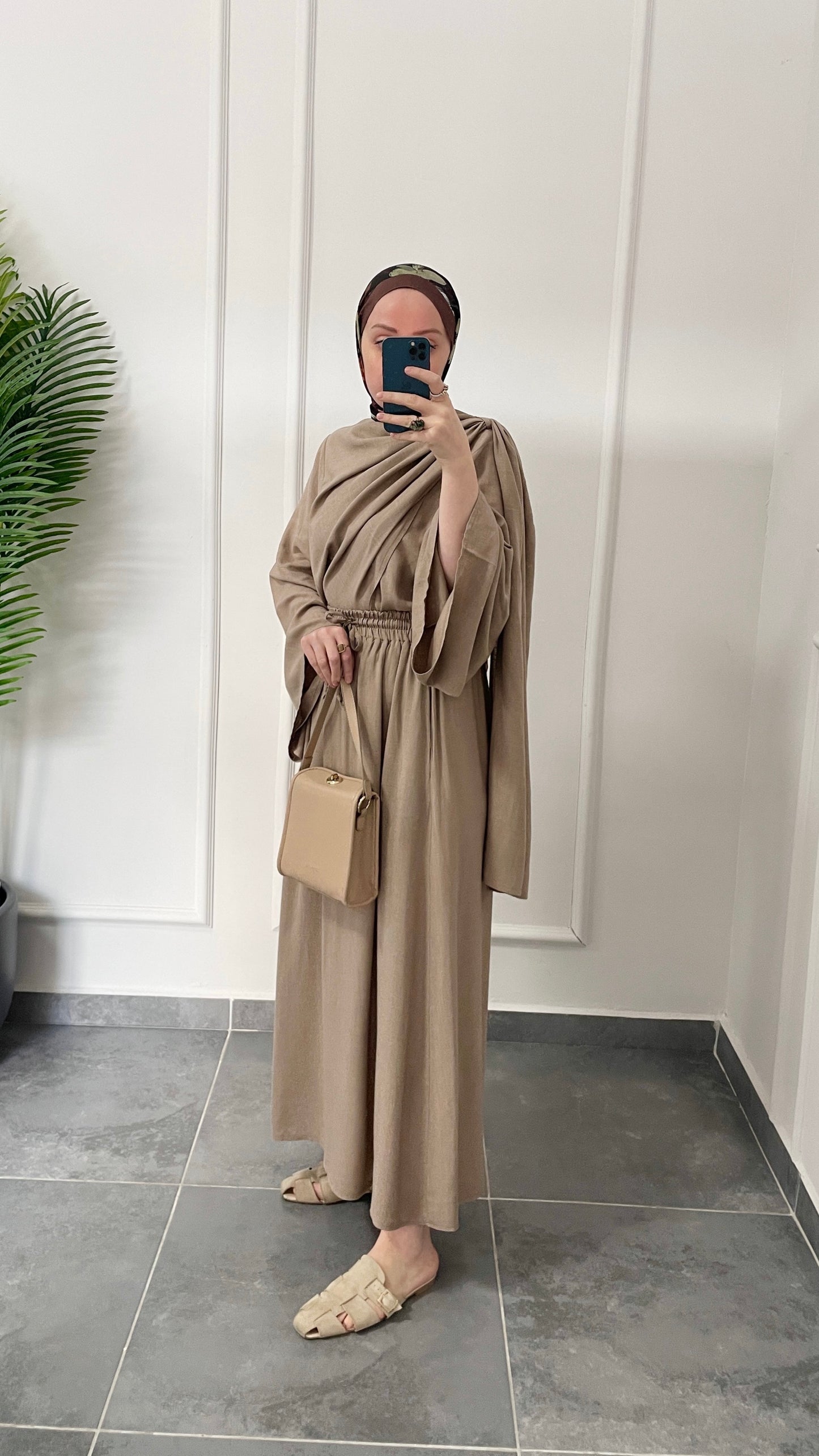 Pelerin Tasarım Ham Keten Etekli Takım-Vizon