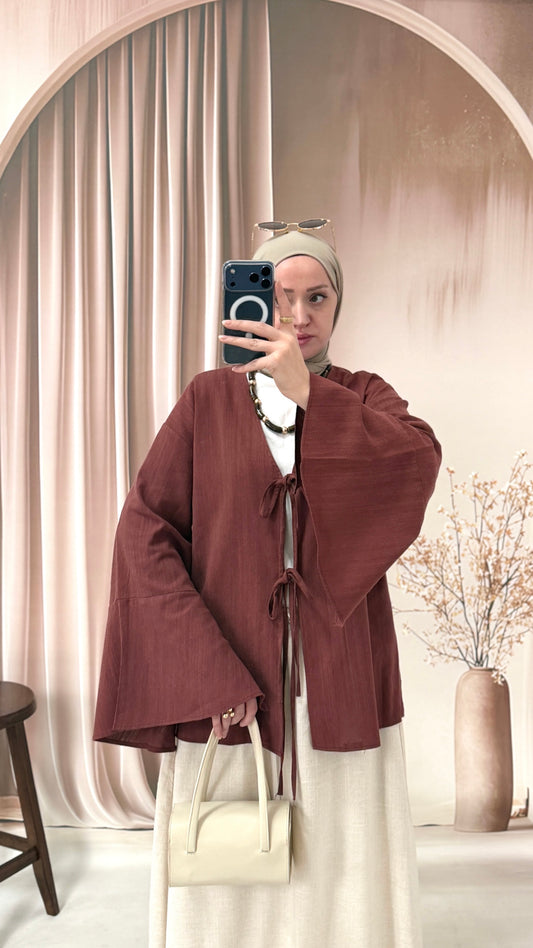 Kollar Volanlı Ham Keten Kimono Tarçın
