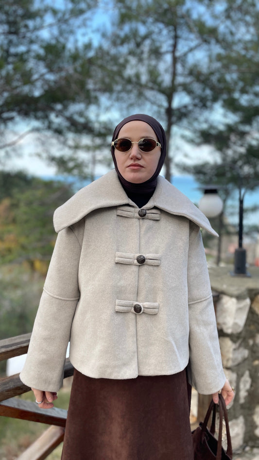 Geniş Yakalı Teddy Kısa Kaban TAŞ