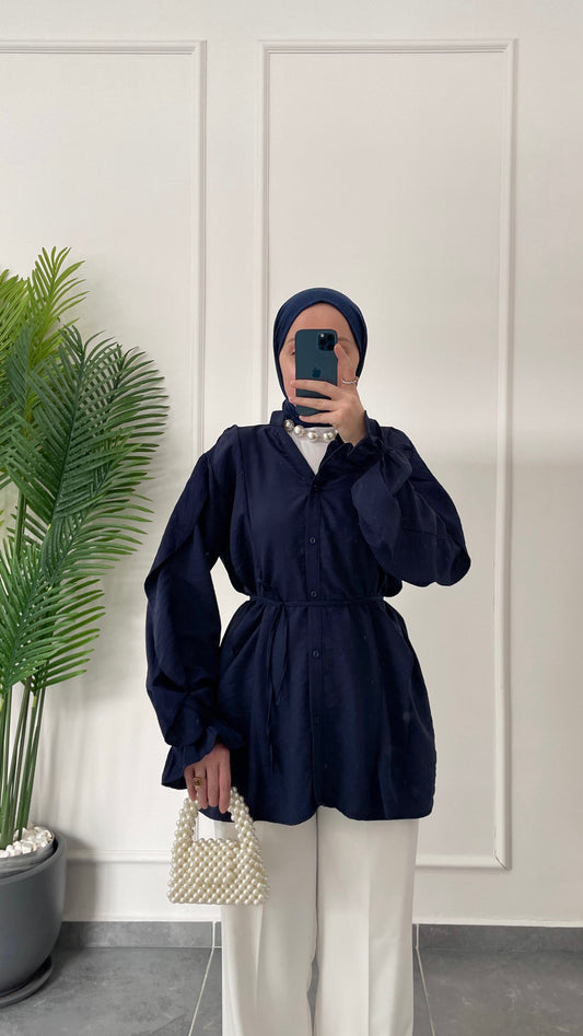 Kollar Fırfırlı Tencel Keten Gömlek-Lacivert