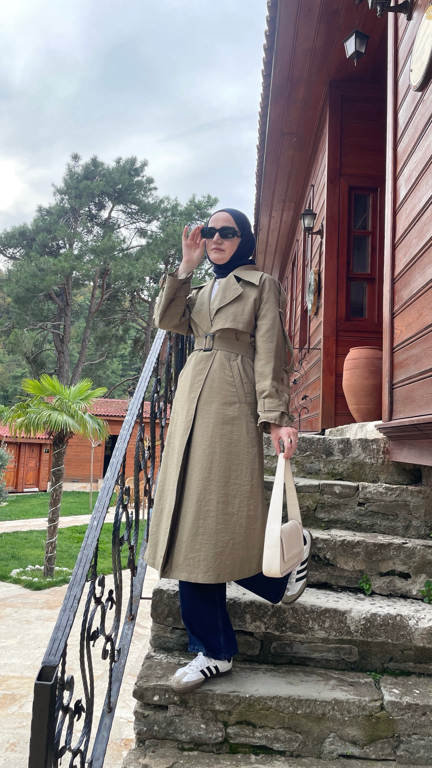 Renkli Dikişli Premium Trençkot Haki Yeşil