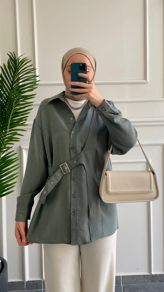 Premium Modal Kuşgözü Kemerli Gömlek Petrol Yeşili