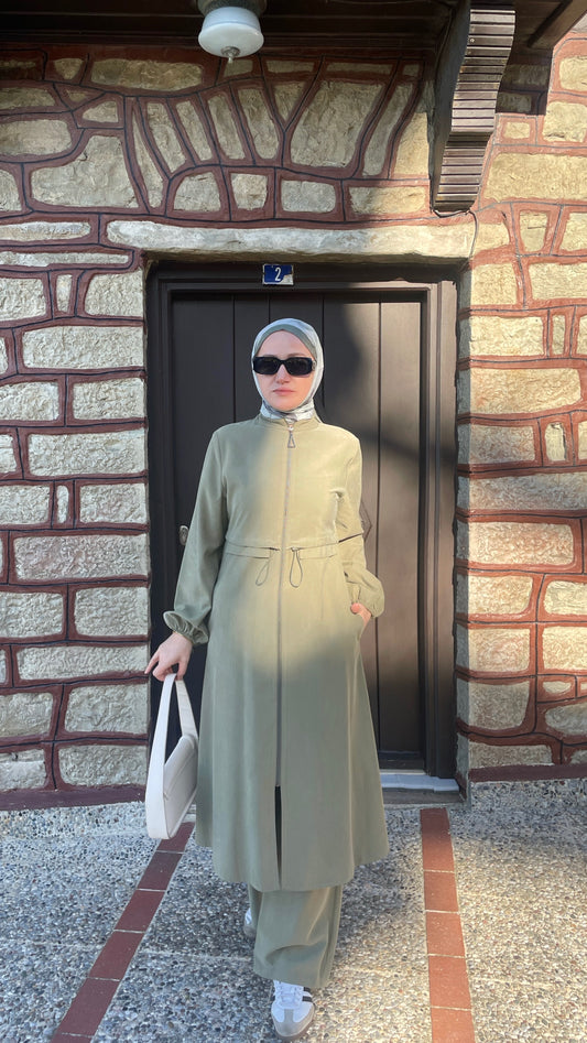 Fermuarlı Kap&Pantolonlu Koton Takım Yeşil