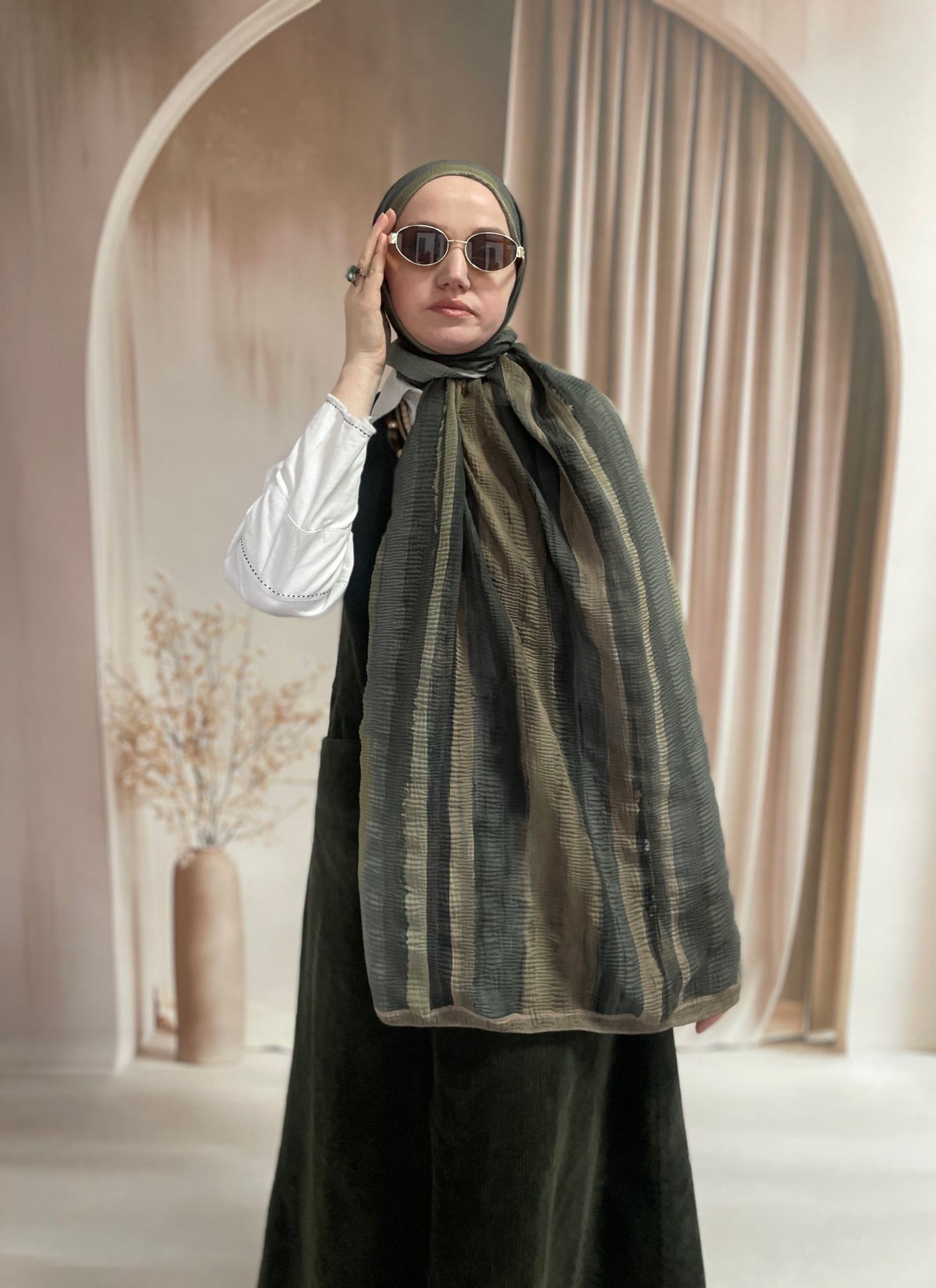 Tonsürton Çizgi Desen Müslin Şal Zeytin Yeşili