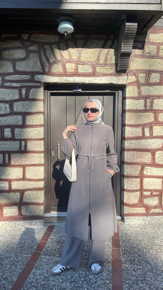 Fermuarlı Kap&Pantolonlu Koton Takım Gri