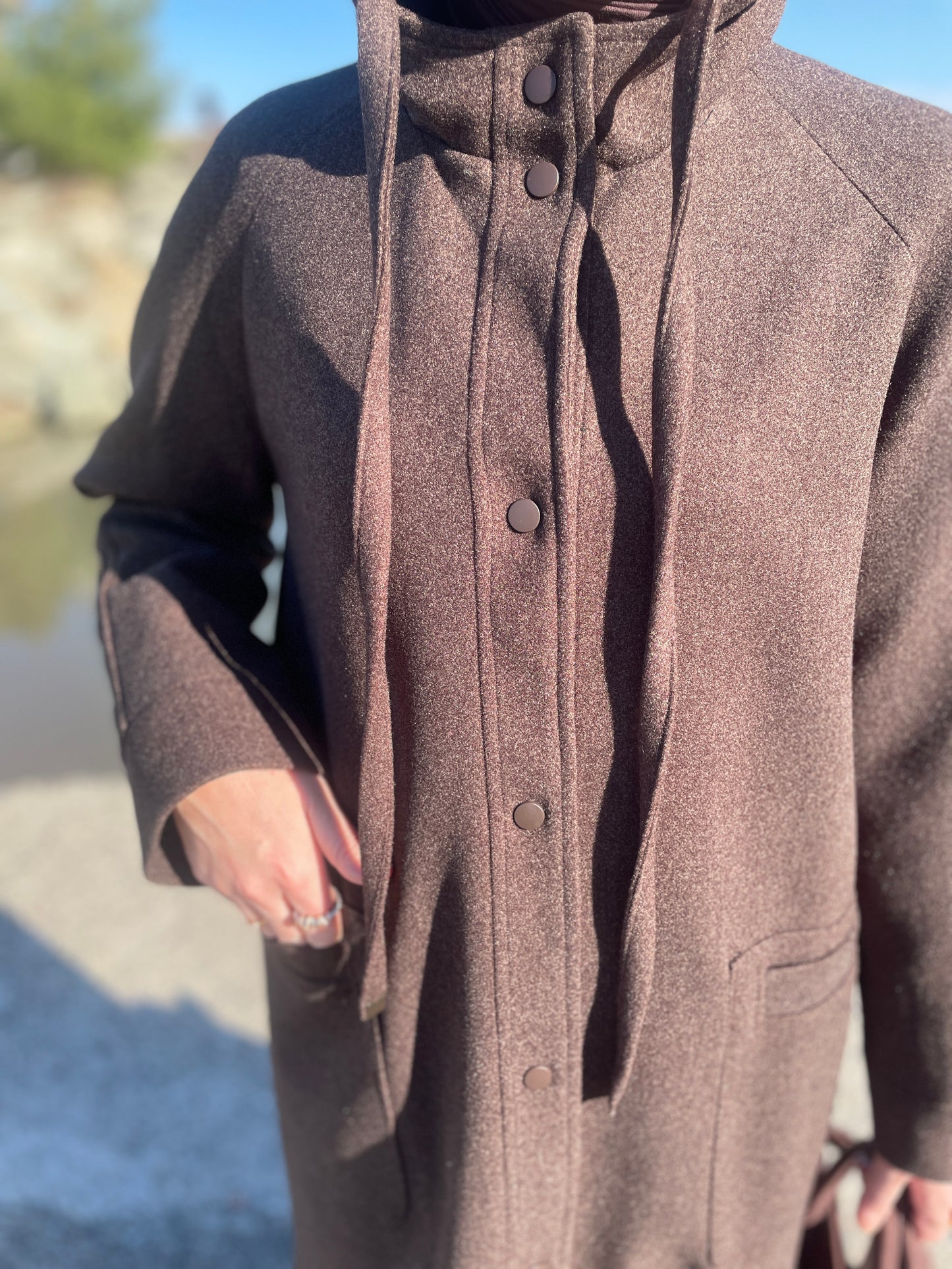 Tam Boy Premium Kapüşonlu  Kaşe Kaban Kahverengi