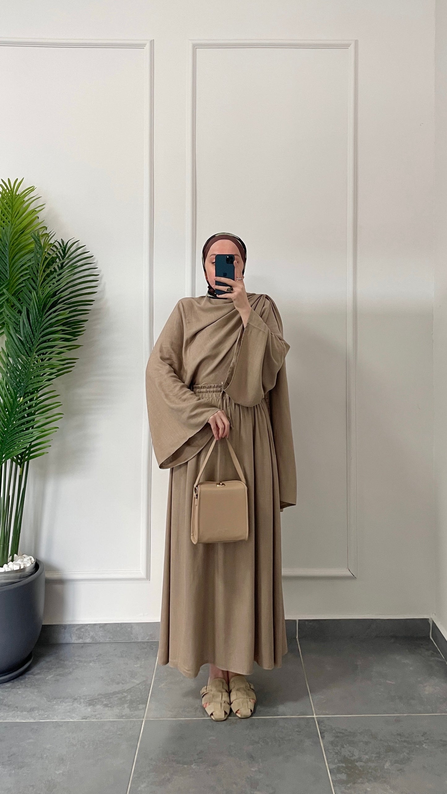 Pelerin Tasarım Ham Keten Etekli Takım-Vizon