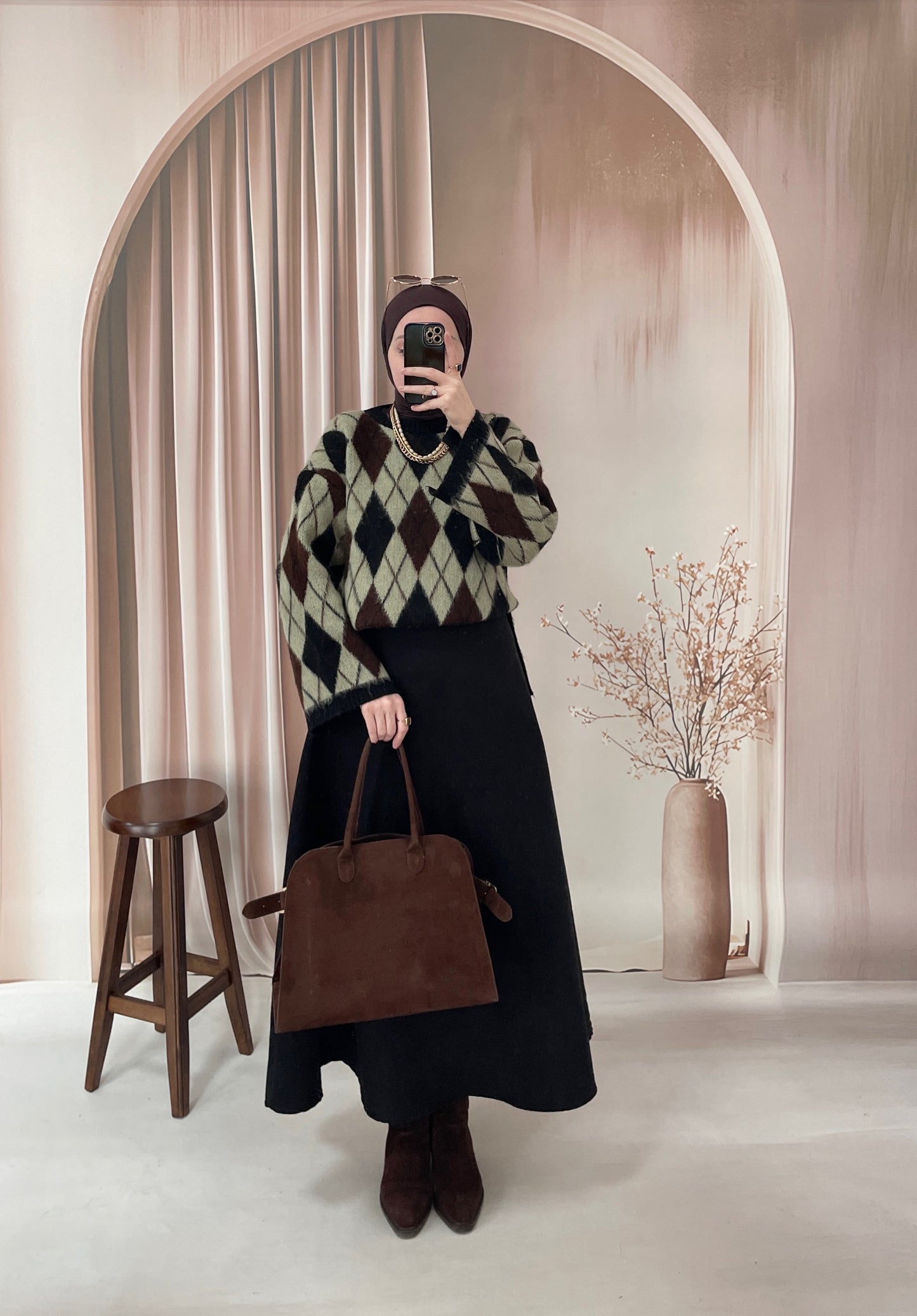 Geniş Kol Tasarım Baklava Desen Kazak Yeşil&Siyah