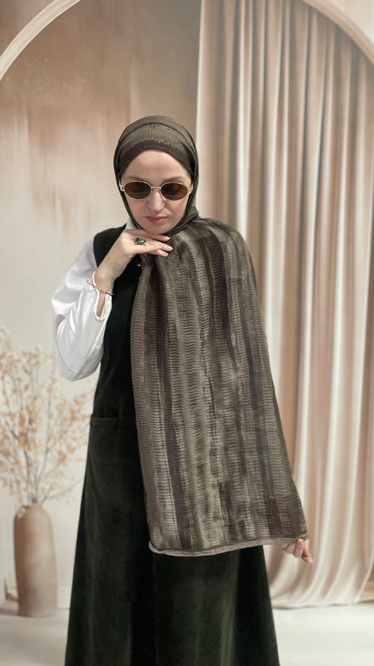 Tonsürton Çizgi Desen Müslin Şal Haki