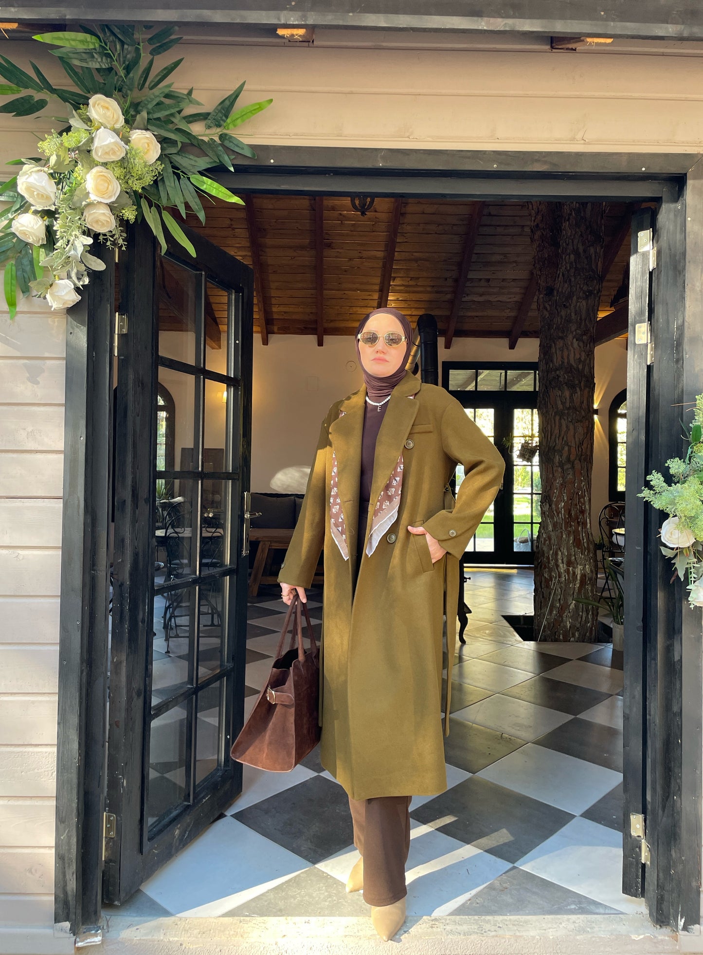 Vintage Tasarım Kol Düğmeli Kaşe  Kaban Zeytin Yeşili