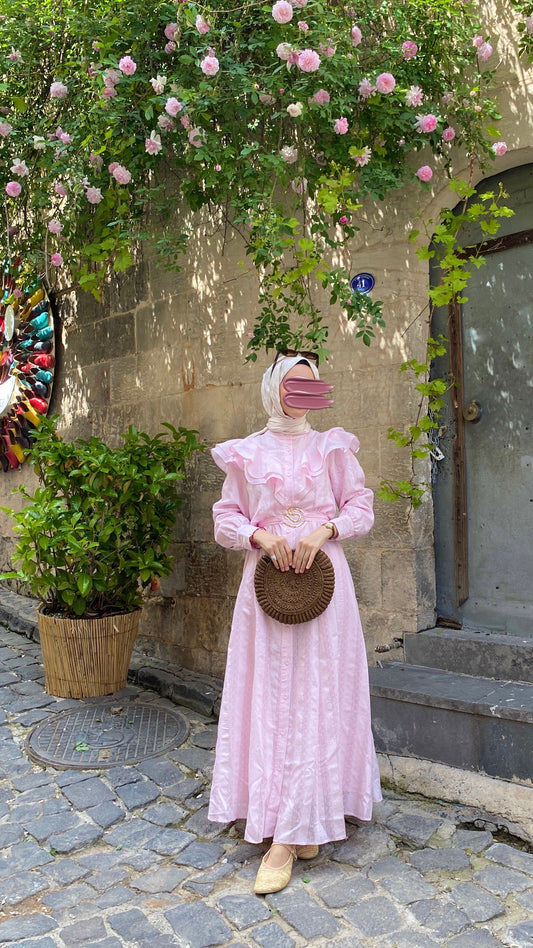 Sakura Omuz Volanlı Elbise Pudra Pembe
