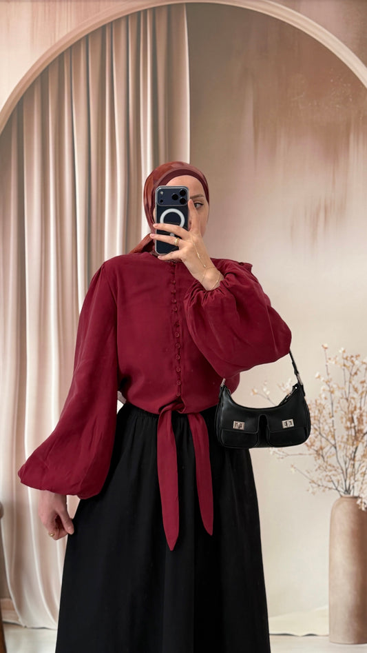 Britli Balon Kol Bel Bağlamalı Cupra Gömlek Bordo