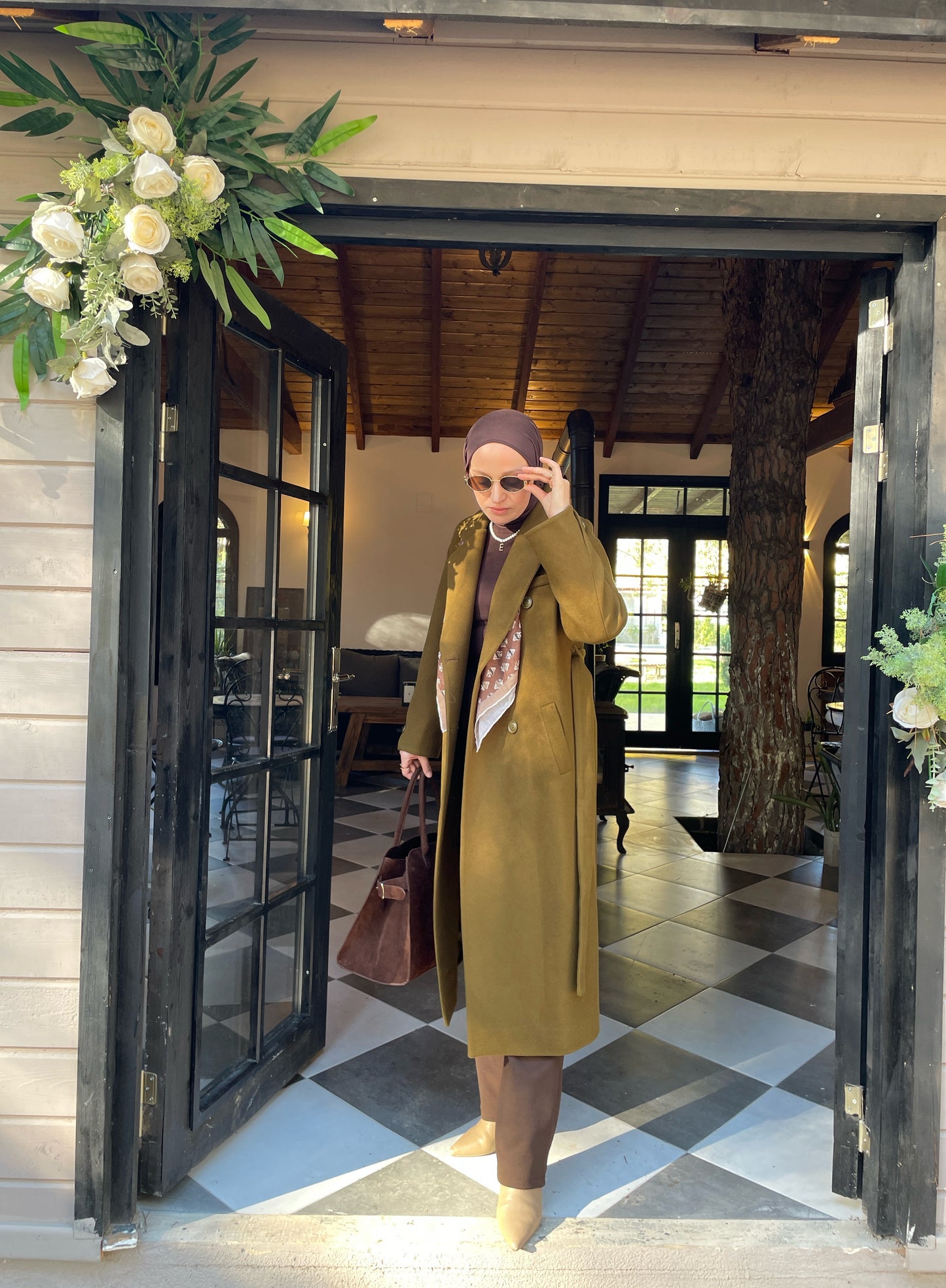 Vintage Tasarım Kol Düğmeli Kaşe  Kaban Zeytin Yeşili