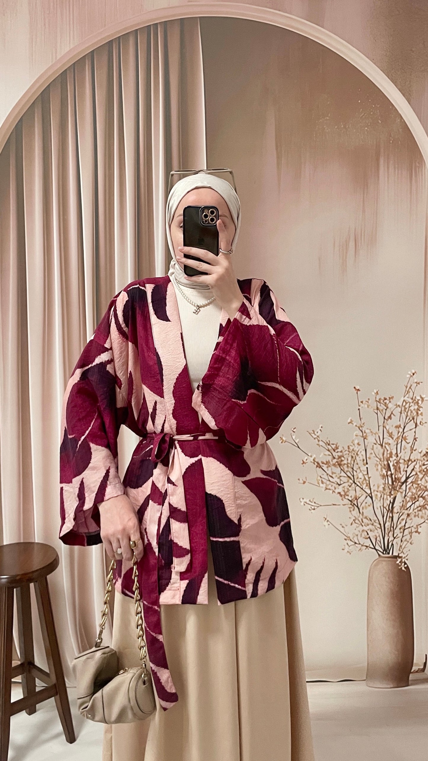 Yaprak Desenli Kimono Bordo