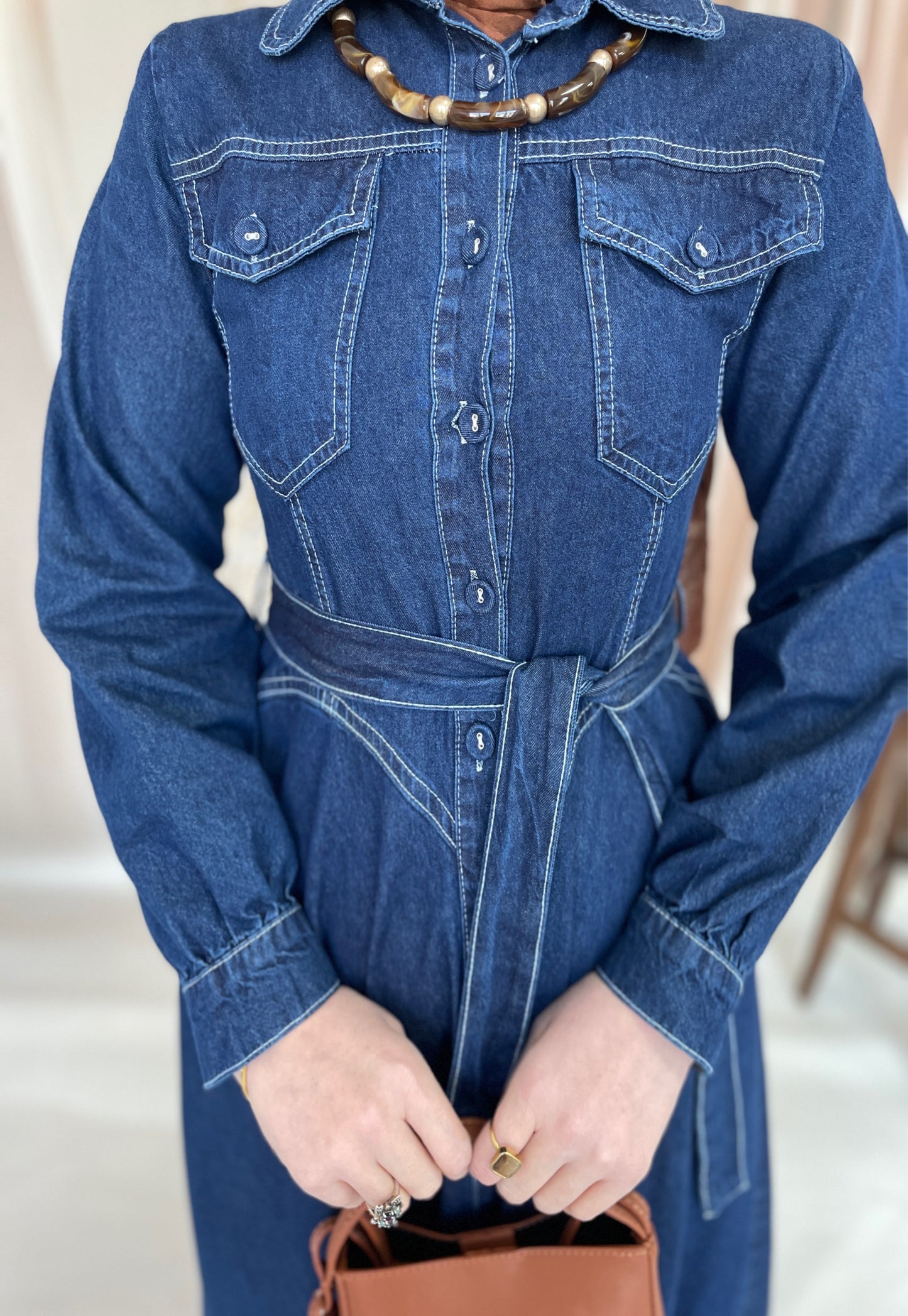 Kontrast Dikişli Premium Denim Kloş Elbise
