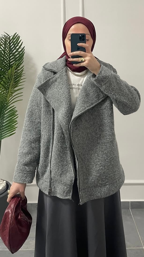 (Kopya) Biker kaşe ceket Gri