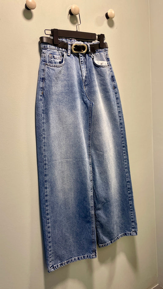 Açık Mavi Kemerli Wide Leg Jean