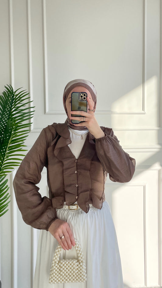 Volanlı V Yaka Gömlek-Kahverengi