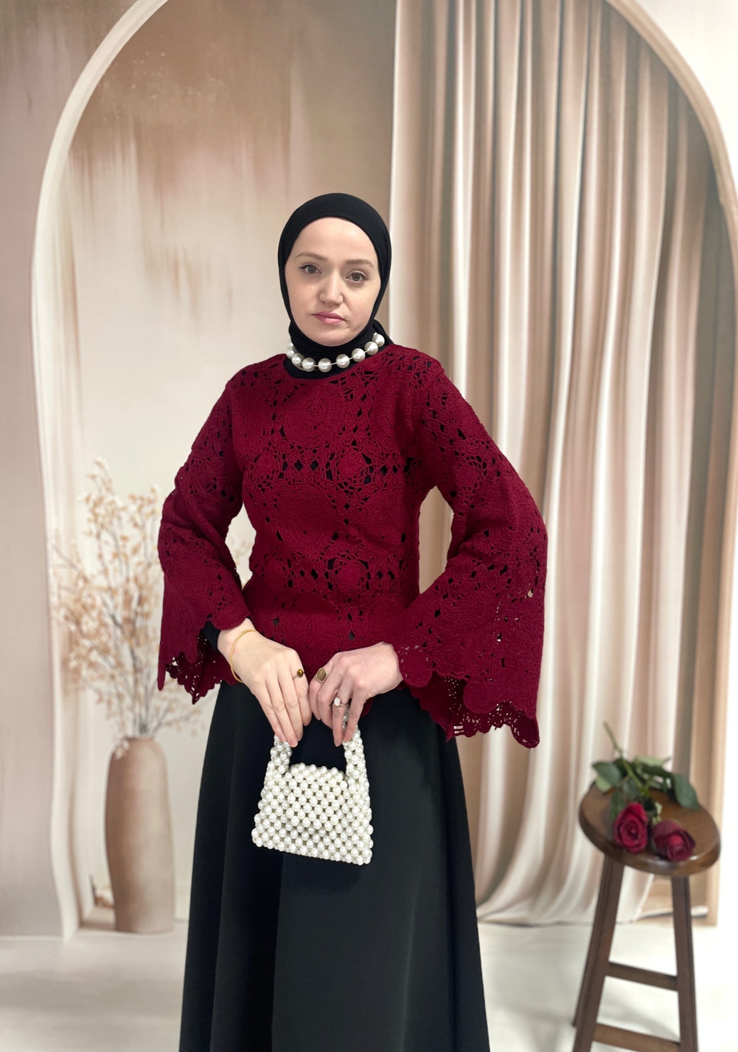 Dantel Tasarım İspanyol Kol Kazak Bordo