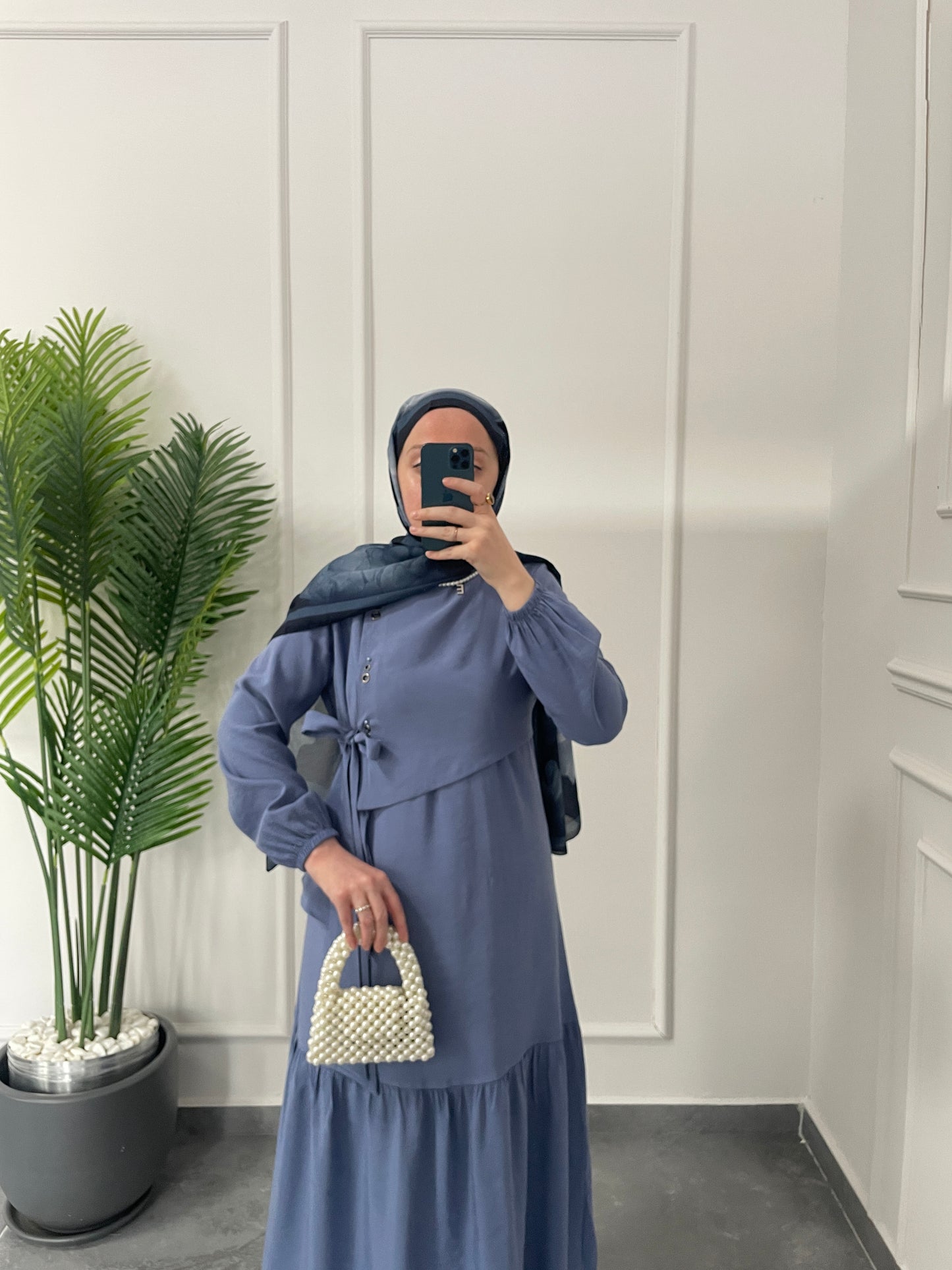 Lora Kuş Gözü Tasarım Elbise-İndigo